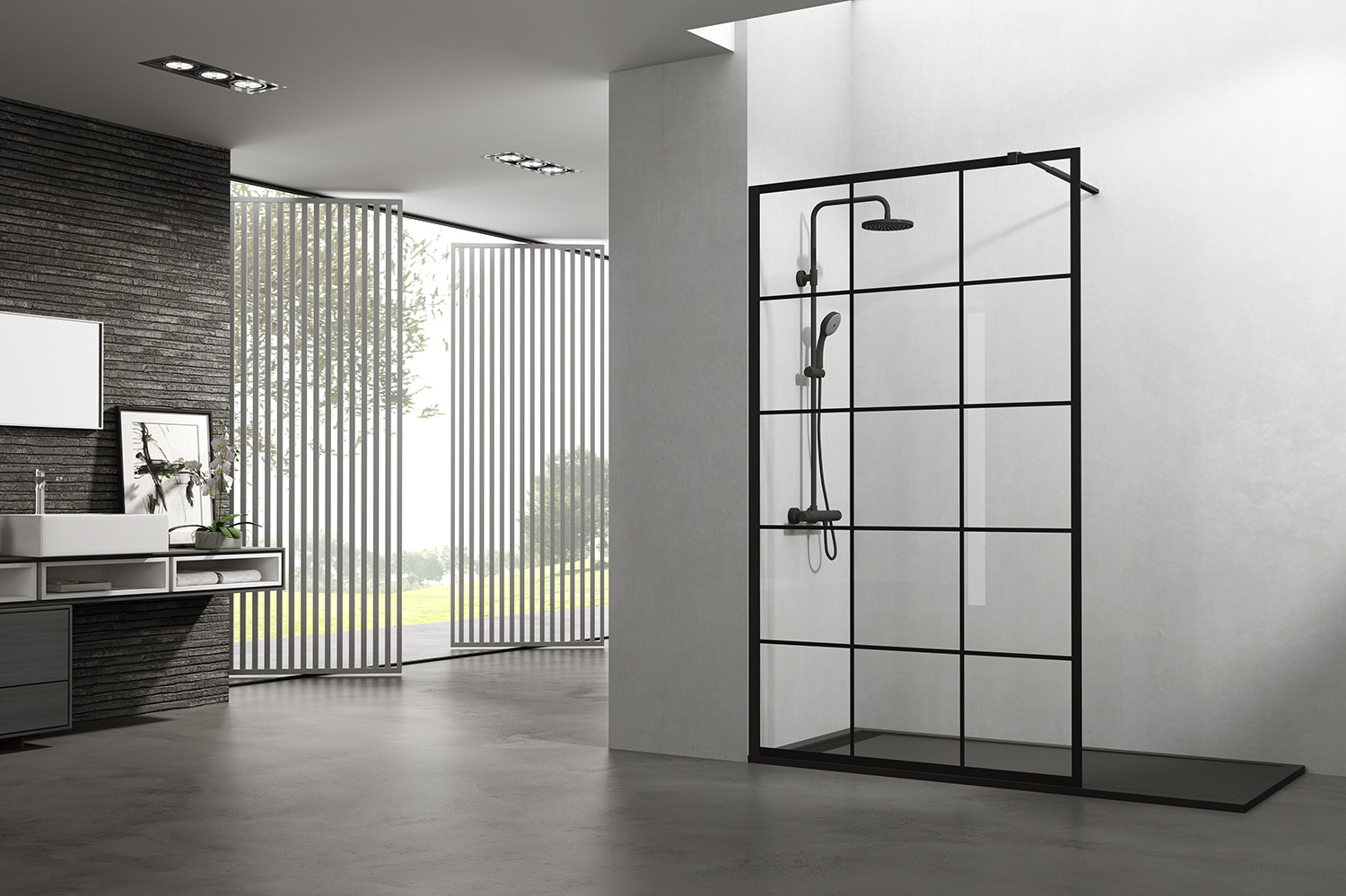 SCREEN BLACK CHESS FIXED SHOWER ENCLOSURE