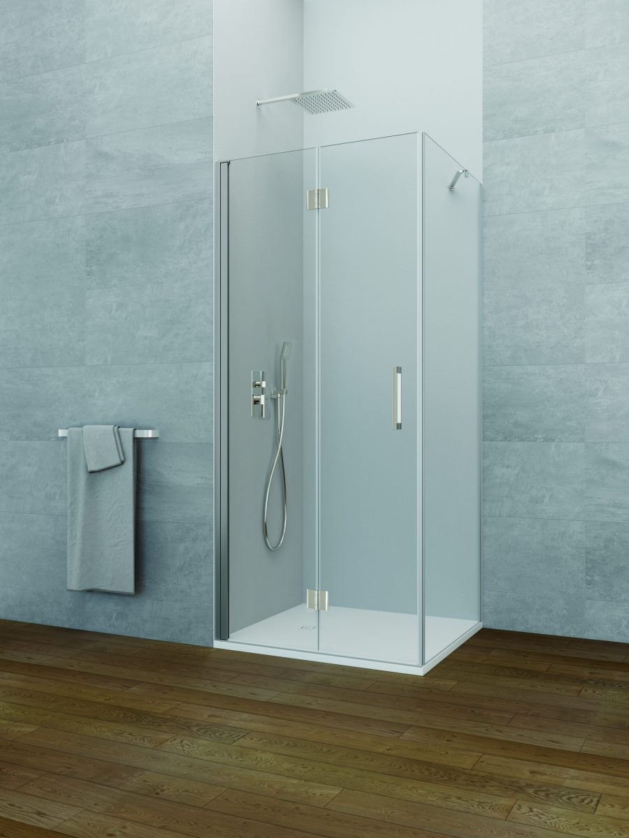 FOLDING GLASS SHOWER SCREEN TO THE INSIDE OF THE SHOWER TRAY + FIXED SIDE