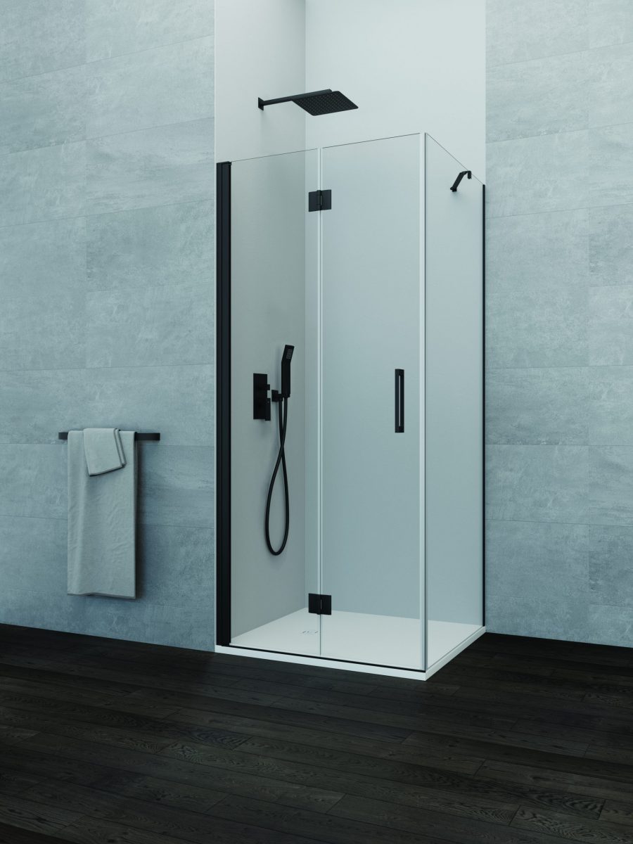 FOLDING GLASS SHOWER ENCLOSURE BLACK TO THE INSIDE OF THE SHOWER TRAY + FIXED SIDE