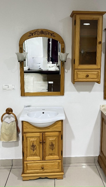 BATHROOM CABINET IBERIA 50 CM 2 DOORS+1 DRAWER, HONEY WOOD WITH PORCELAIN WASHBASIN - Image 2