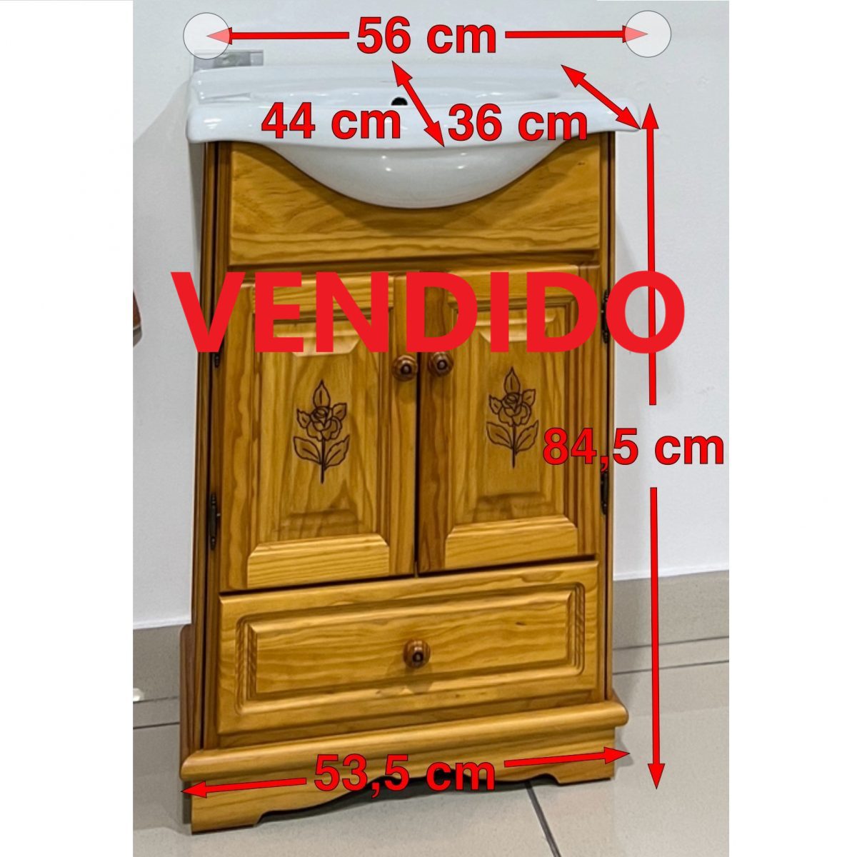 BATHROOM CABINET IBERIA 50 CM 2 DOORS+1 DRAWER, HONEY WOOD WITH PORCELAIN WASHBASIN