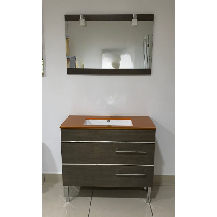 BATHROOM SET GOA 90 CM 2 DRAWERS, ASH WOOD WITH GLASS TOP + PORCELAIN WASHBASIN + MIRROR + SCONCES