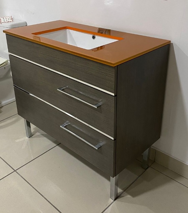 BATHROOM SET GOA 90 CM 2 DRAWERS, ASH WOOD WITH GLASS TOP + PORCELAIN WASHBASIN + MIRROR + SCONCES - Image 4
