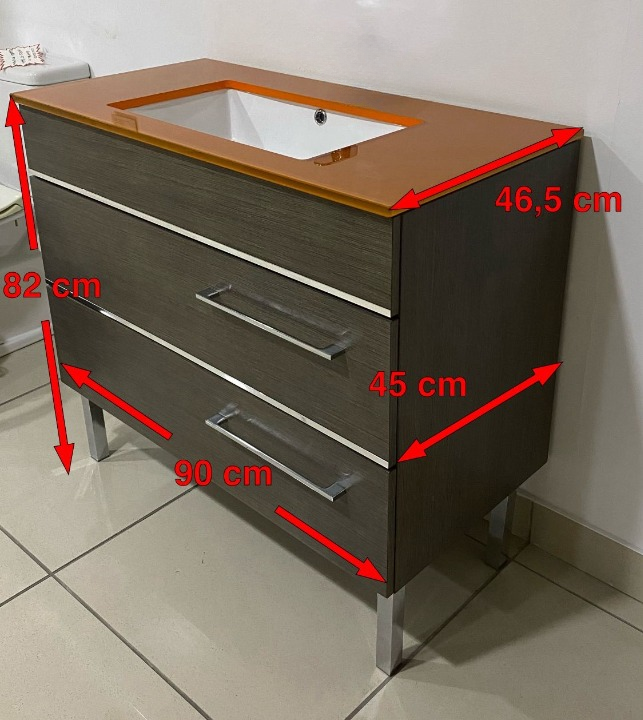 BATHROOM SET GOA 90 CM 2 DRAWERS, ASH WOOD WITH GLASS TOP + PORCELAIN WASHBASIN + MIRROR + SCONCES - Image 5