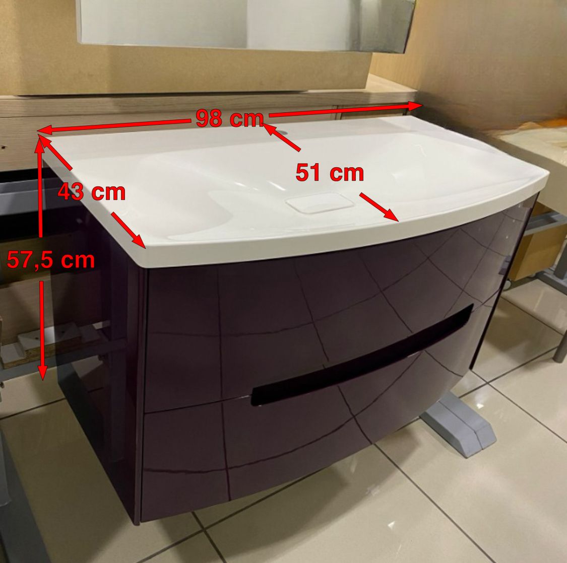 SOUL BATHROOM CABINET 100 CM 2 DRAWERS, COLOR EGGPLANT WITH ACRYLIC BASIN VENTO - Image 4