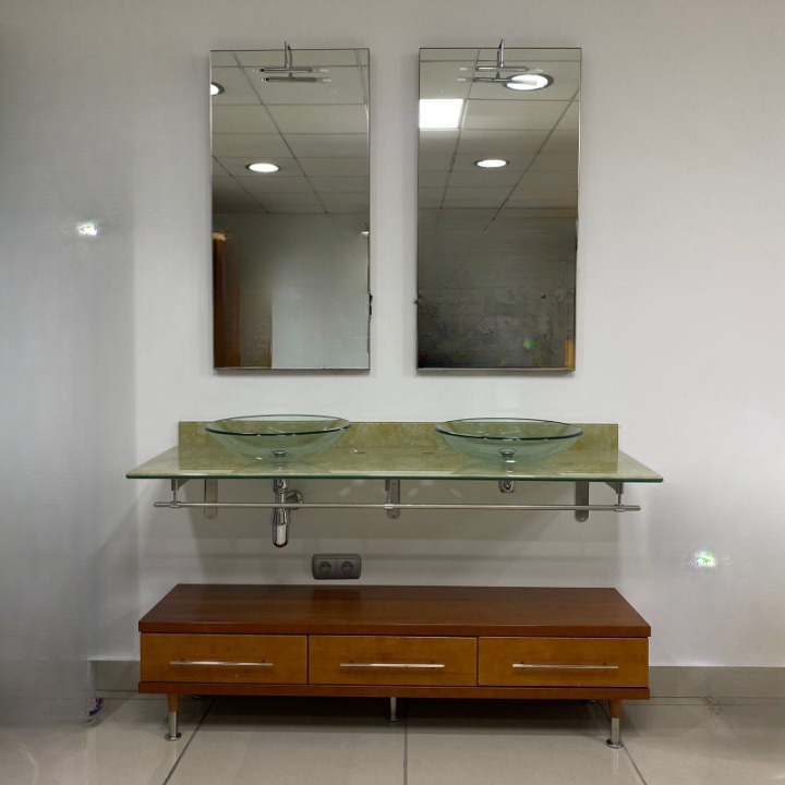 BATHROOM SET 3 DRAWERS BENCH, CHERRY WOOD WITH WORKTOP AND 2 GLASS WASHBASINS + TOWEL + 2 MIRRORS WITH LIGHT AND SOCKET