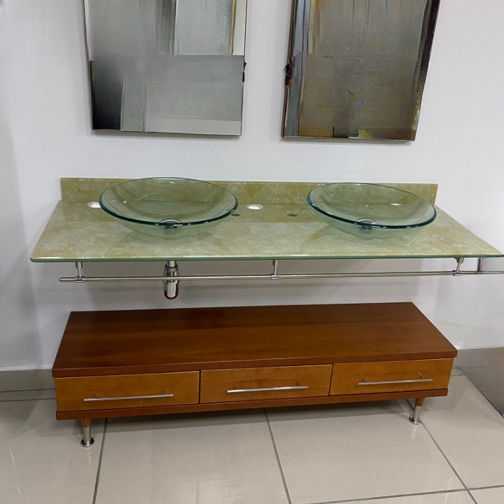 BATHROOM SET 3 DRAWERS BENCH, CHERRY WOOD WITH WORKTOP AND 2 GLASS WASHBASINS + TOWEL + 2 MIRRORS WITH LIGHT AND SOCKET - Image 2