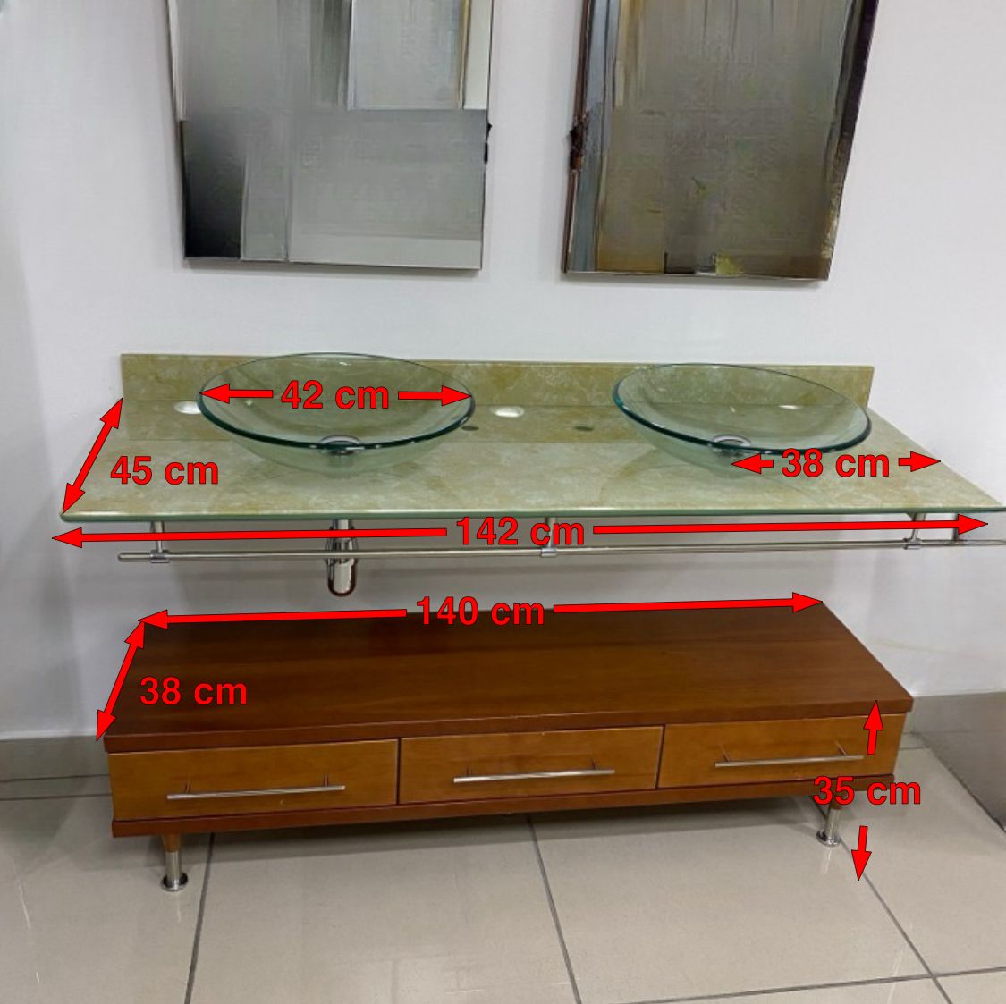 BATHROOM SET 3 DRAWERS BENCH, CHERRY WOOD WITH WORKTOP AND 2 GLASS WASHBASINS + TOWEL + 2 MIRRORS WITH LIGHT AND SOCKET - Image 3