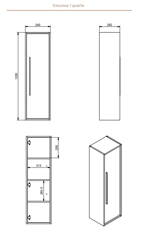 COLUMNA DE BAÑO AQUA 1 PUERTA+3 ESTANTES FONDO 27 CM, REVERSIBLE - Imagen 4