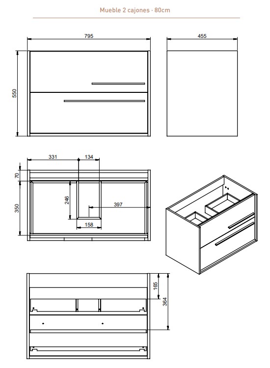 Mueble de baño Aqua 2 Cajones Suspendido, Lavabo Integrado - Image 9