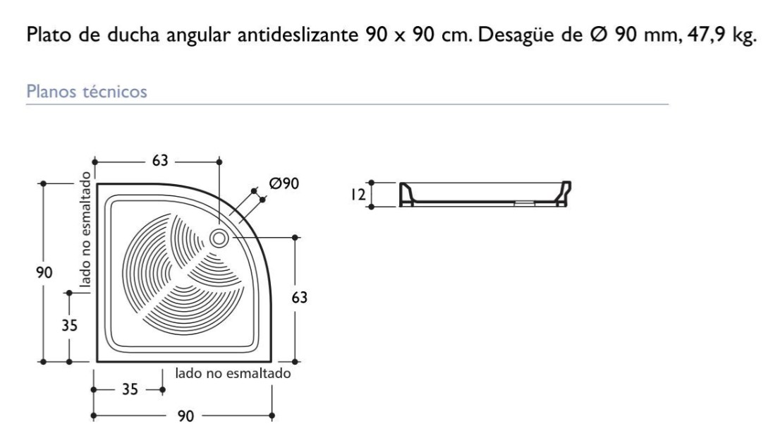 ANGULAR SHOWER TRAY 90x90x12 cm Porcelain and Drainage Ø 90 mm - Image 3